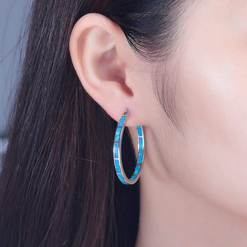 CiNily Blue Opal Hoop Earrings for Women,Big Hoop Earrings Large Opal Jewelry Rhodium Plated Gemstone Earrings 32mm - Image 5